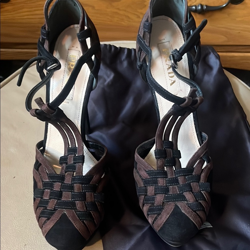 Prada Black and Brown Woven Heels